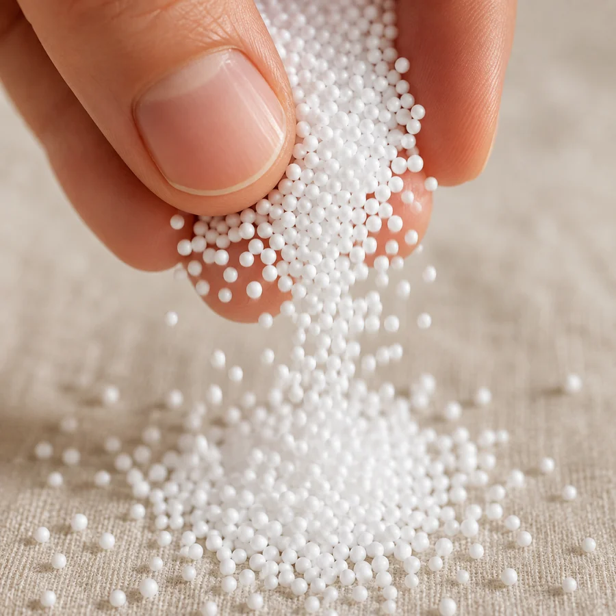 Polystyrene microbeads running between two fingers, each bead distinct
