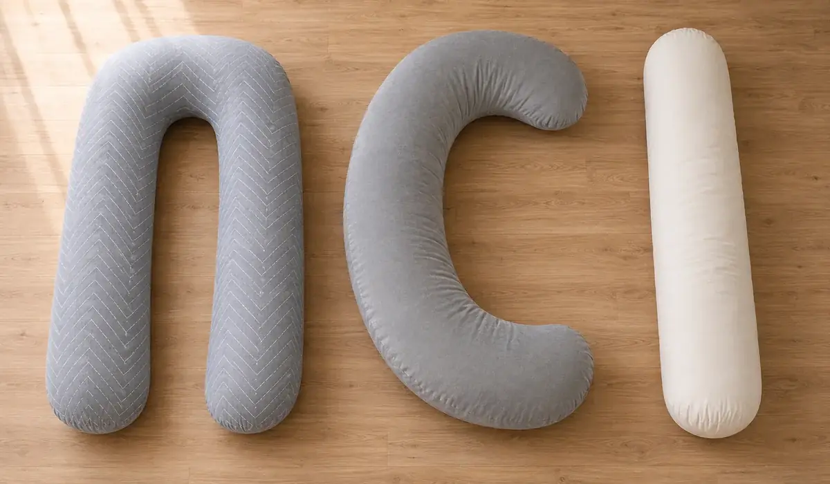 Three pregnancy pillows side by side: a U, a C and a long straight bolster