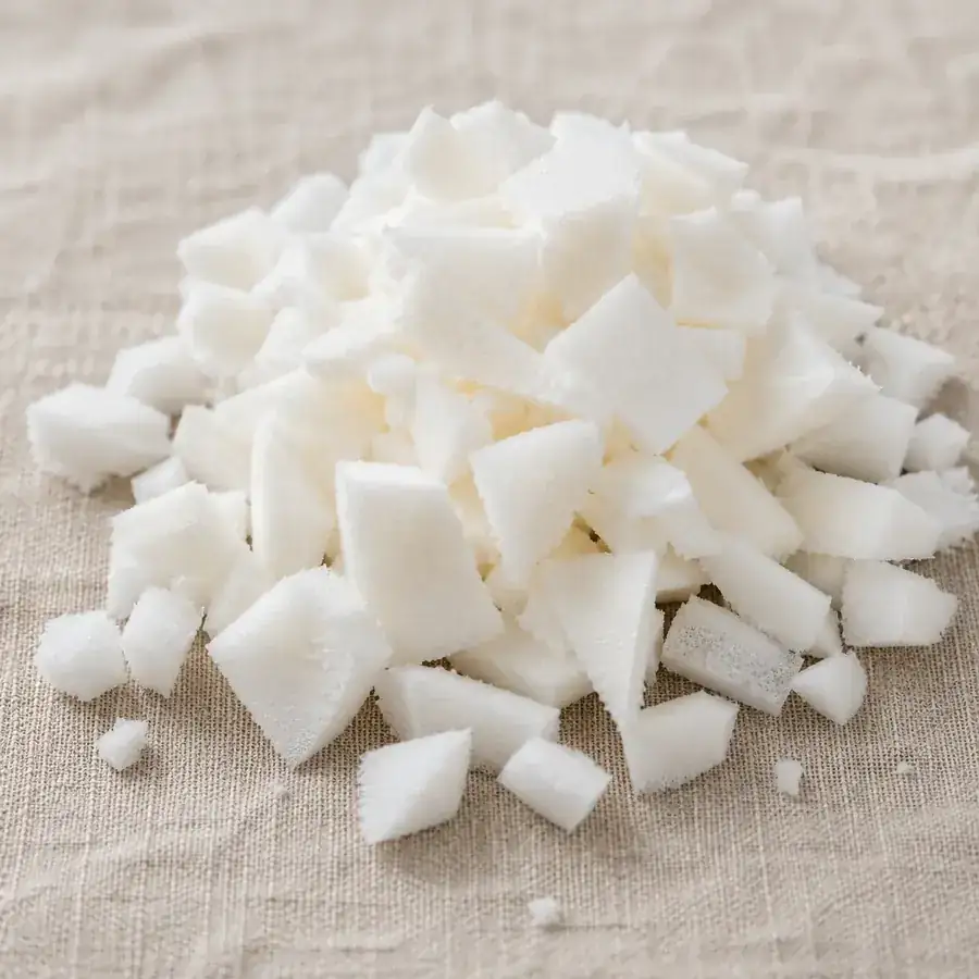 A small pile of white shredded foam in uneven pieces on a linen background
