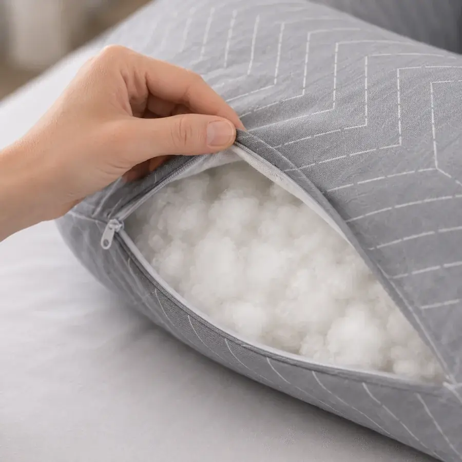 Open zip showing the lofty white fiber filling inside