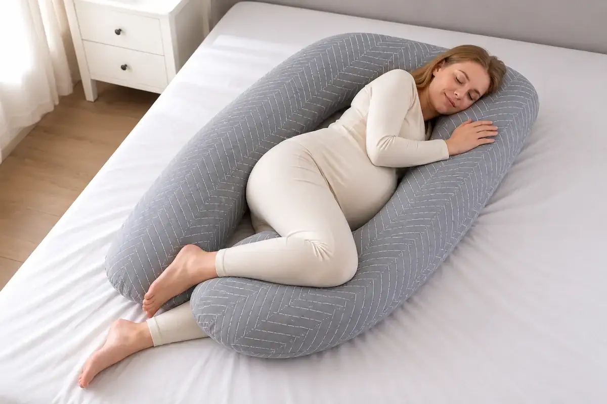 Pregnant woman lying on her side inside the herringbone gray U-shaped pillow
