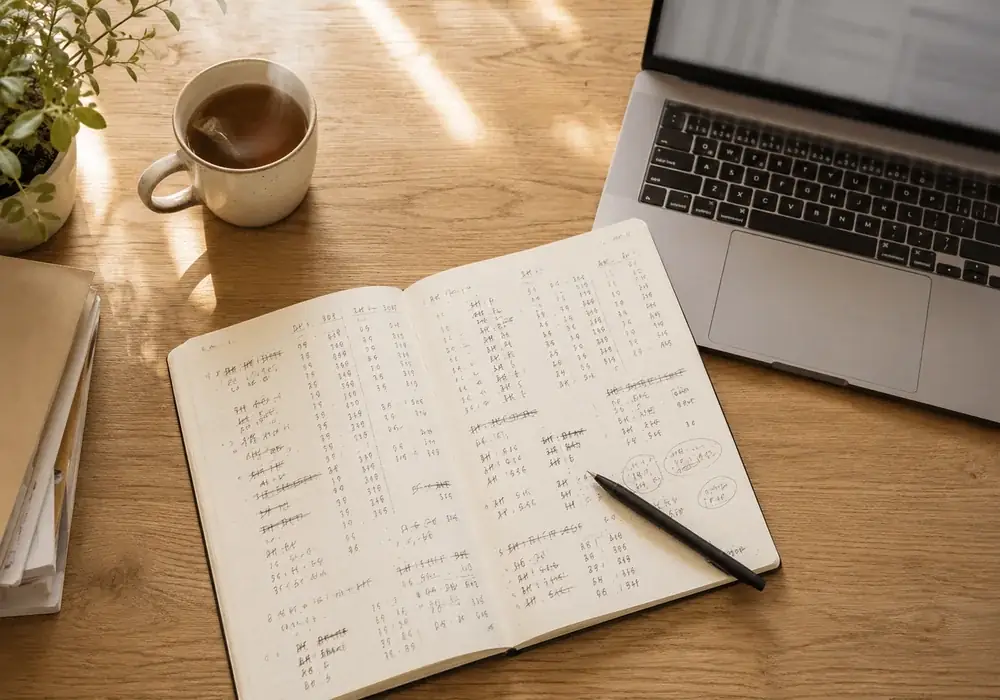 Light wooden desk seen from above: an open notebook covered in handwritten tallies, a pen, a cup and a laptop