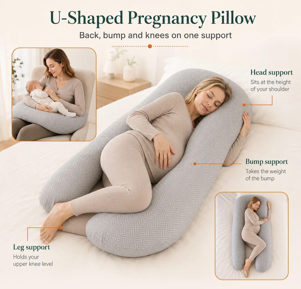 Descriptive plate for the U-shaped pregnancy pillow in herringbone grey, marking the head, bump and leg support points on a woman lying on her side