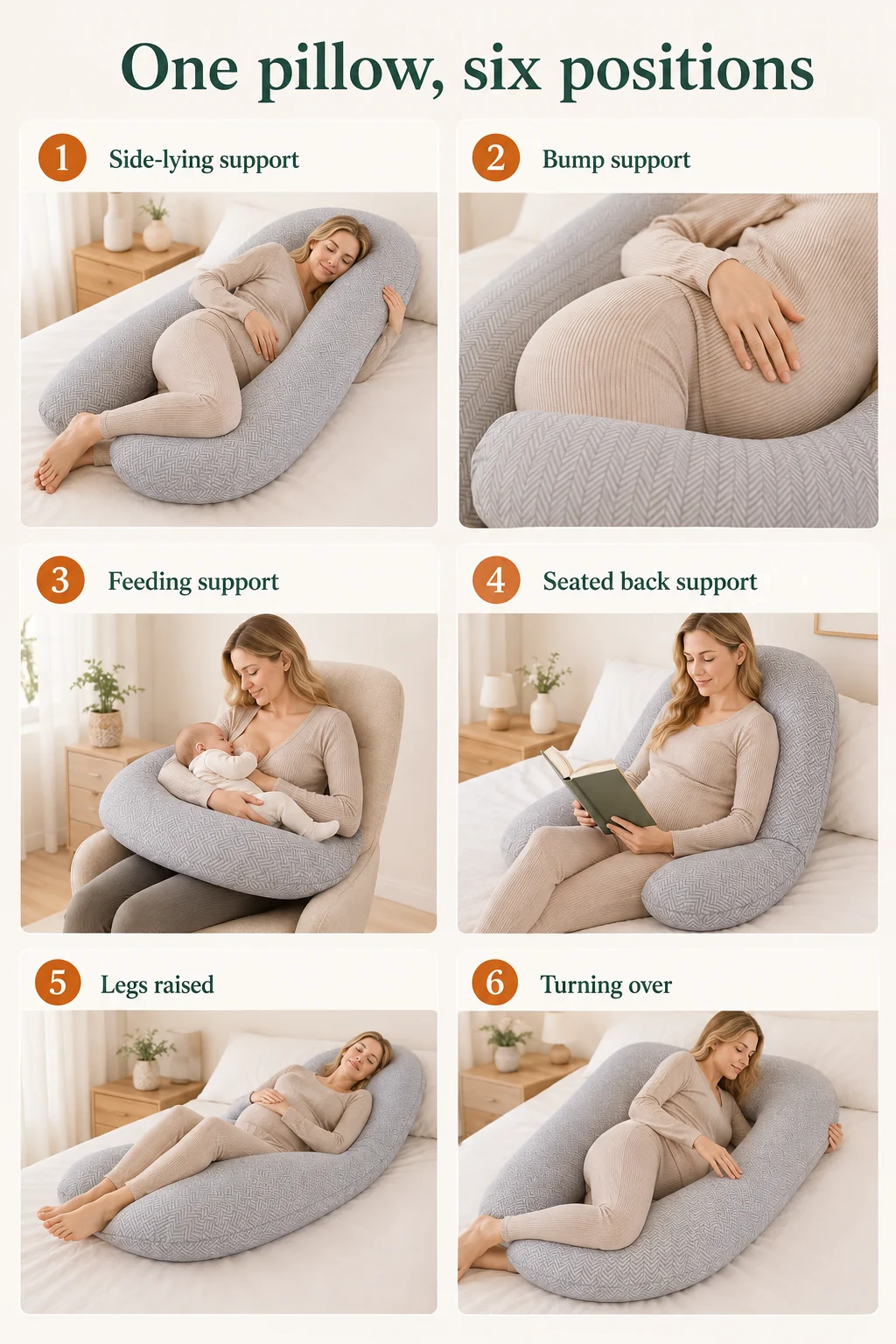 Plate showing six uses of the U-shaped pillow: side-lying, bump support, feeding, seated back support, raised legs and turning over
